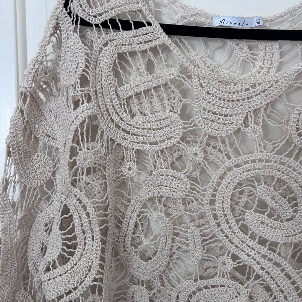 Miracle Boho Crochet Lace Crop Top Festival Sheer Long Sleeve Ivory M/L NEW - Picture 3 of 5